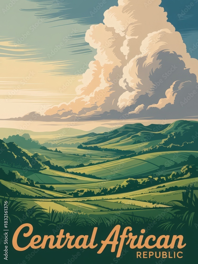 Lush green hills stretch across the scene, illuminated by warm sunset light. Dramatic clouds fill the sky, creating a stunning backdrop over the Central African Republics serene landscape.