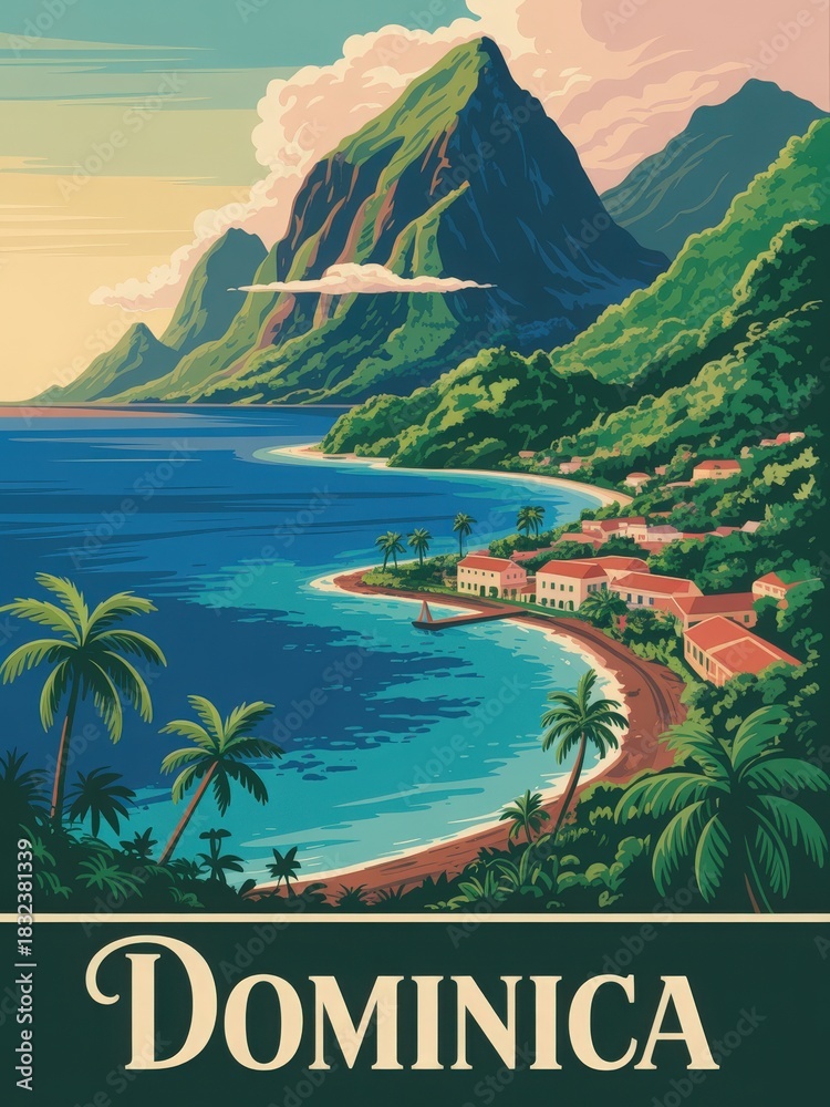 Lush green mountains rise above a calm blue sea, framing a scenic coastline dotted with palm trees. Charming buildings line the shore, showcasing Dominicas natural beauty and peaceful vibe.