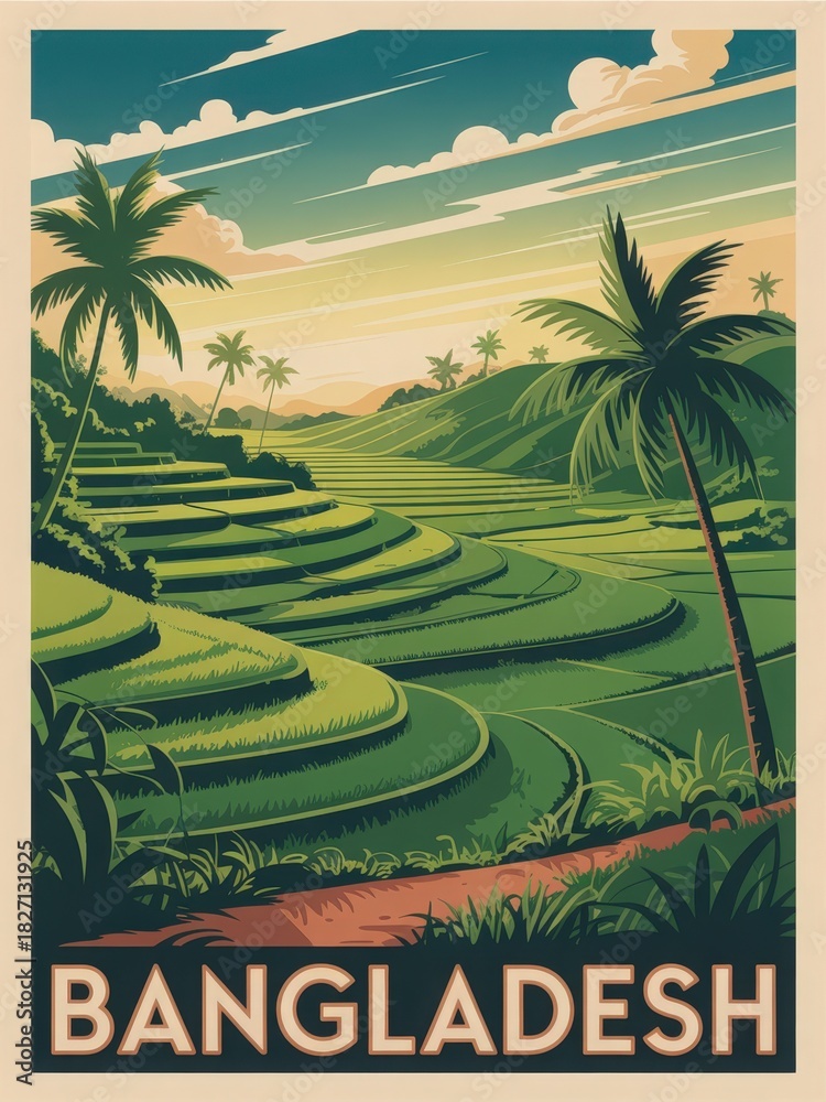 Lush green rice terraces stretch across the landscape in Bangladesh. Tall palm trees dot the scene as the sun sets, casting warm colors over the fields. The serene environment invites tranquility.