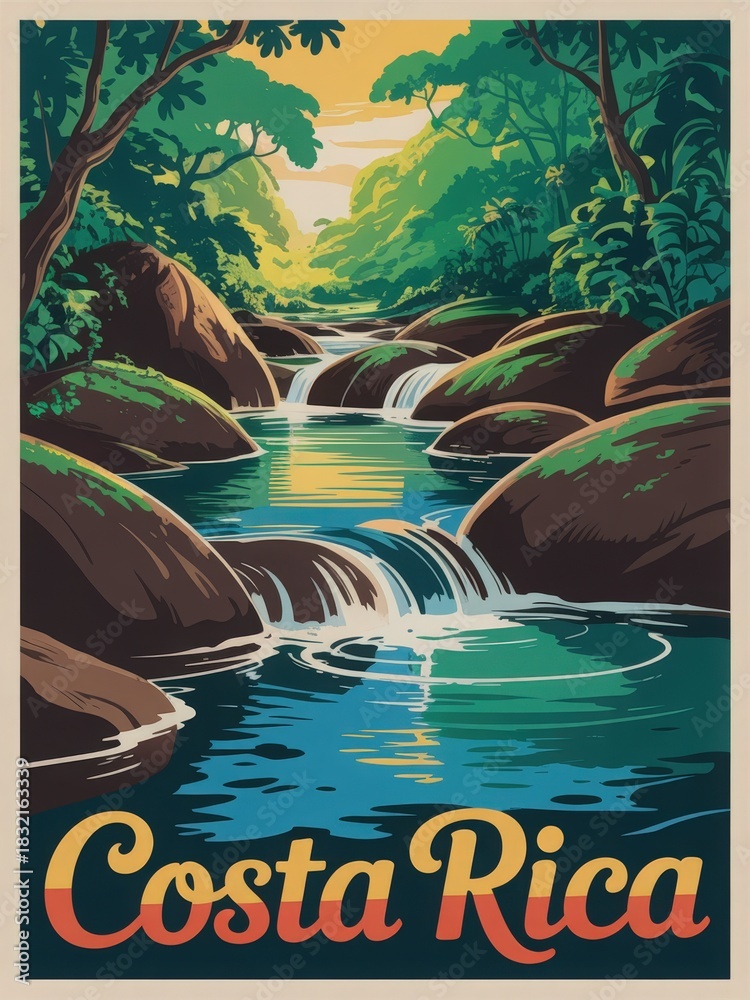 Lush green trees surround a peaceful river in Costa Rica, where sunlight filters through foliage. Smooth rocks line the water, creating a calm and serene atmosphere at sunset.