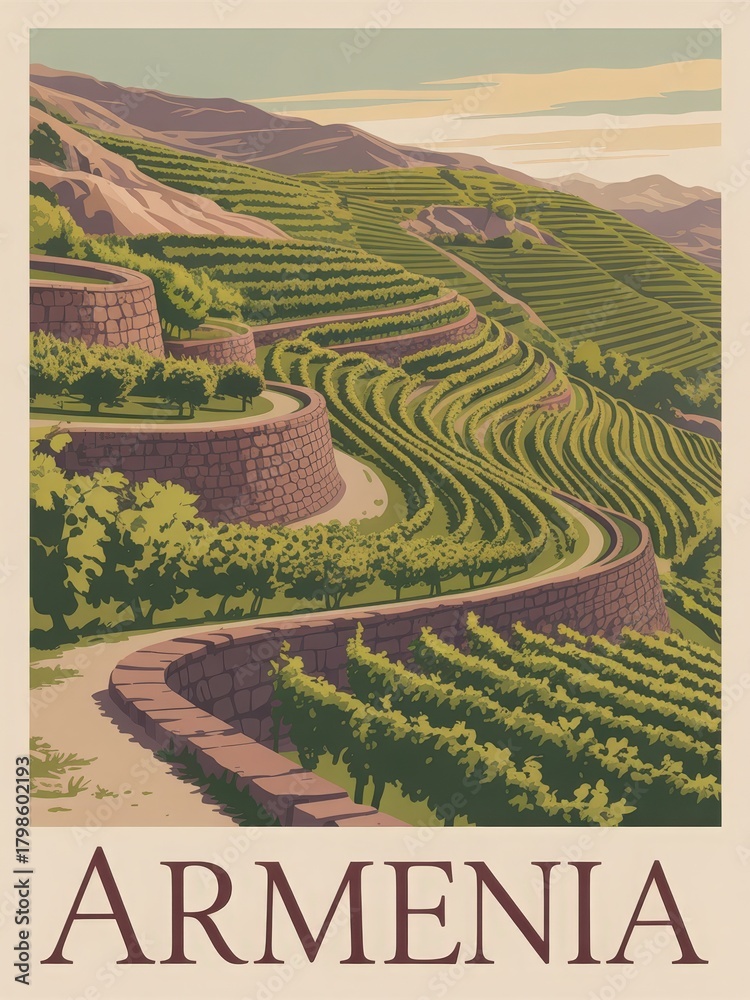 Lush green vineyards stretch across terraced hills in Armenia. Gently rolling landscapes create a serene atmosphere with distant mountains under a colorful sky, symbolizing rich agricultural heritage.