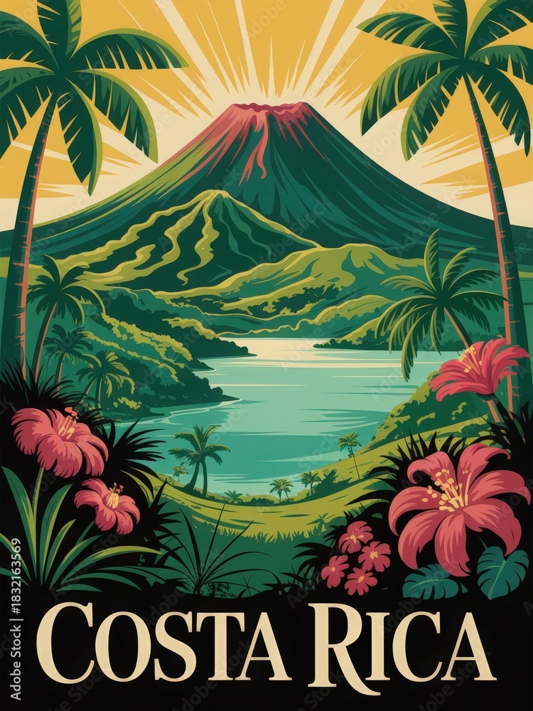 Lush greenery and colorful flowers frame a stunning view of a volcano in Costa Rica. The serene lake reflects the vibrant landscape under a golden sky, capturing the essence of tropical beauty.