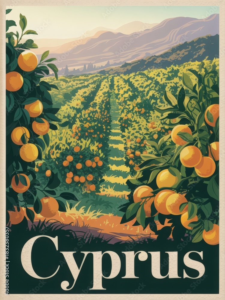 Lush orange trees stretch across the landscape of Cyprus, with ripe oranges hanging from branches. Soft sunlight highlights the mountains in the background, creating a serene atmosphere.