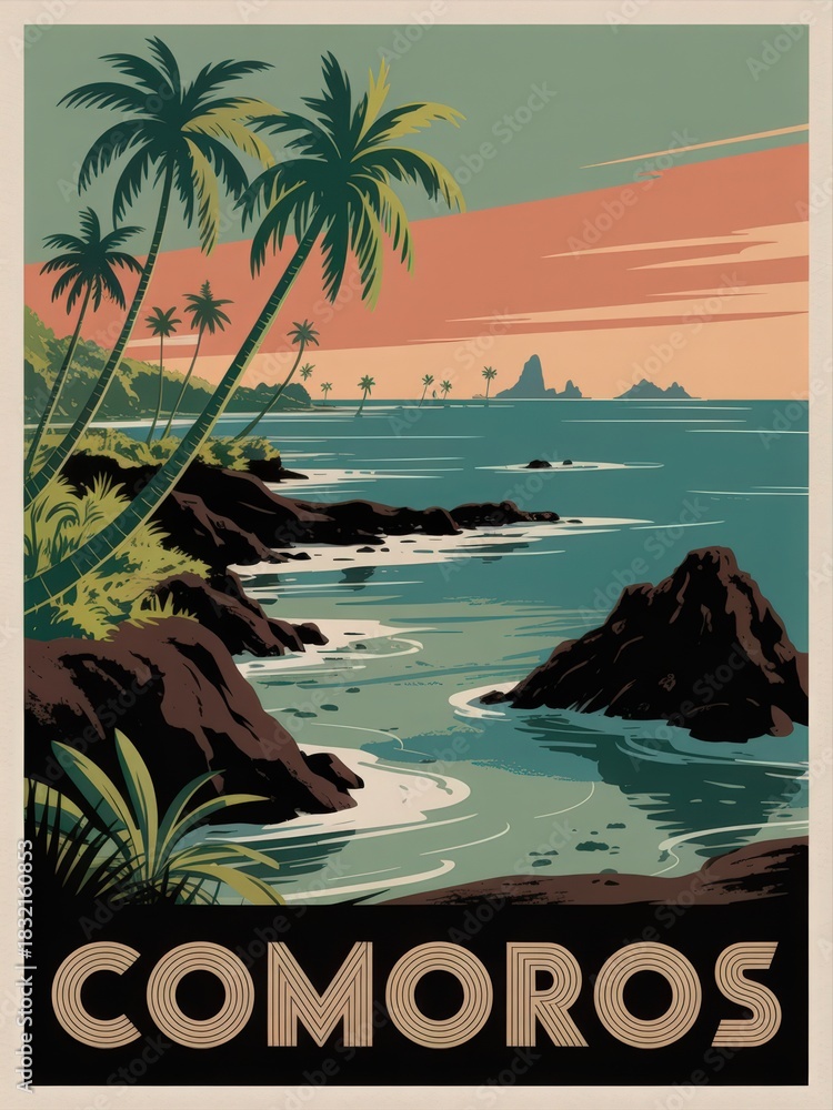 Lush palm trees frame a beautiful coastal view in Comoros as the sun sets. The tranquil waters reflect the colorful sky, creating a serene atmosphere perfect for relaxation.