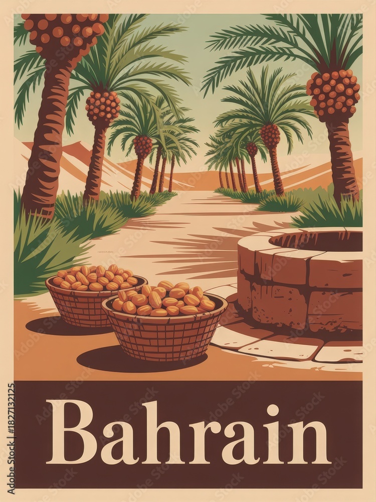 Lush palm trees line a serene pathway in Bahrain, with baskets of dates resting nearby. This peaceful setting captures the essence of rural life in the region.