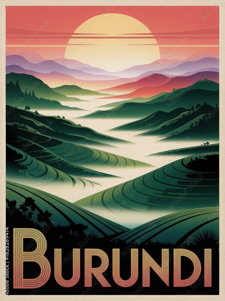 Lush, rolling hills of Burundi stretch across the landscape under a colorful sunset. The scene captures the serene beauty of nature in soft pastel tones, highlighting the countrys rich scenery.