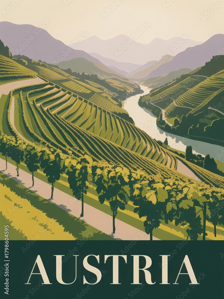 Lush vineyards cover rolling hills in Austria, overlooking a winding river. The warm colors of the landscape create a peaceful and inviting atmosphere on a sunny day.