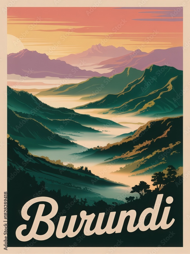 Majestic mountains and valleys of Burundi can be seen under a colorful sunset. The calm river winds through lush greenery, creating a peaceful and scenic atmosphere.