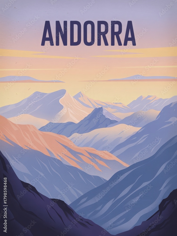 Majestic mountains of Andorra stretch across the landscape at sunset. Soft hues of orange and purple fill the sky, providing a serene backdrop to the rugged peaks and valleys below.