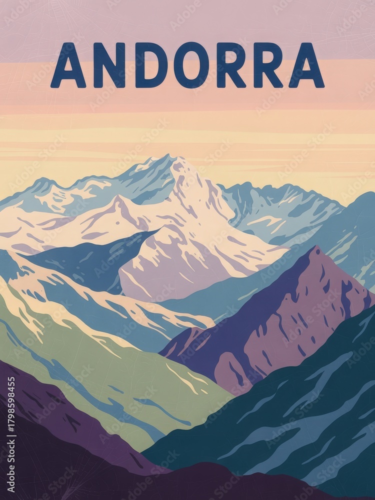 Majestic mountains rise in the background of Andorra, illuminated by warm sunset hues. The sky transitions from blue to soft pink, creating a serene atmosphere in this breathtaking view.