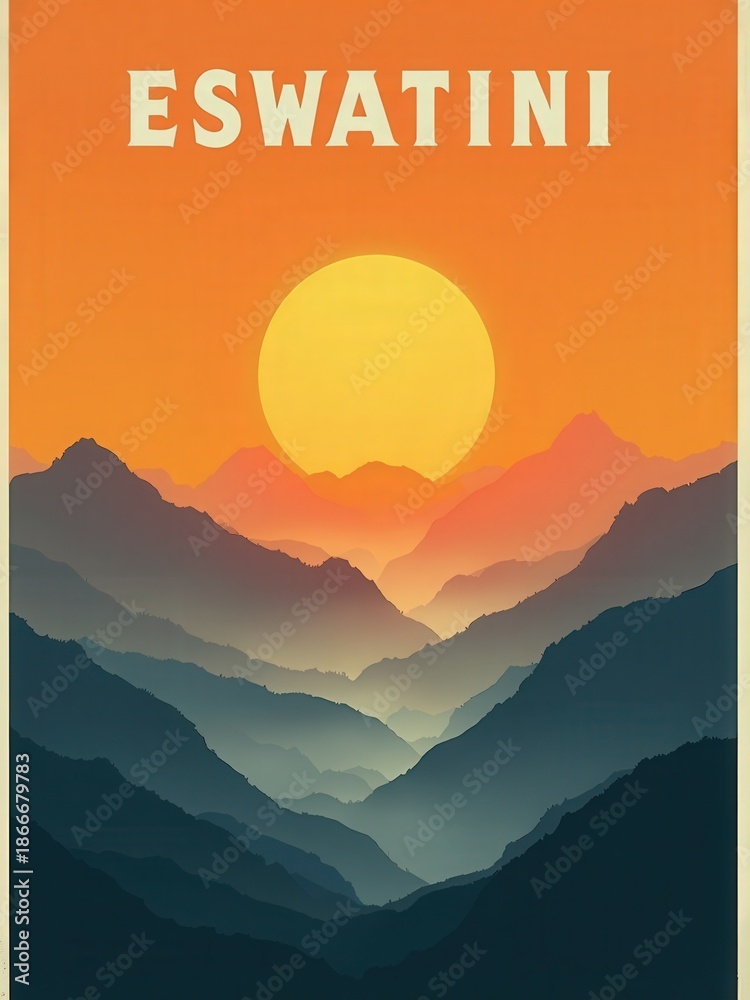 Mountains fill the scene with layers of dark to light shades. A bright sun sets low in the sky, creating warm tones. The colors shift from orange to blue, showing depth in the landscape.