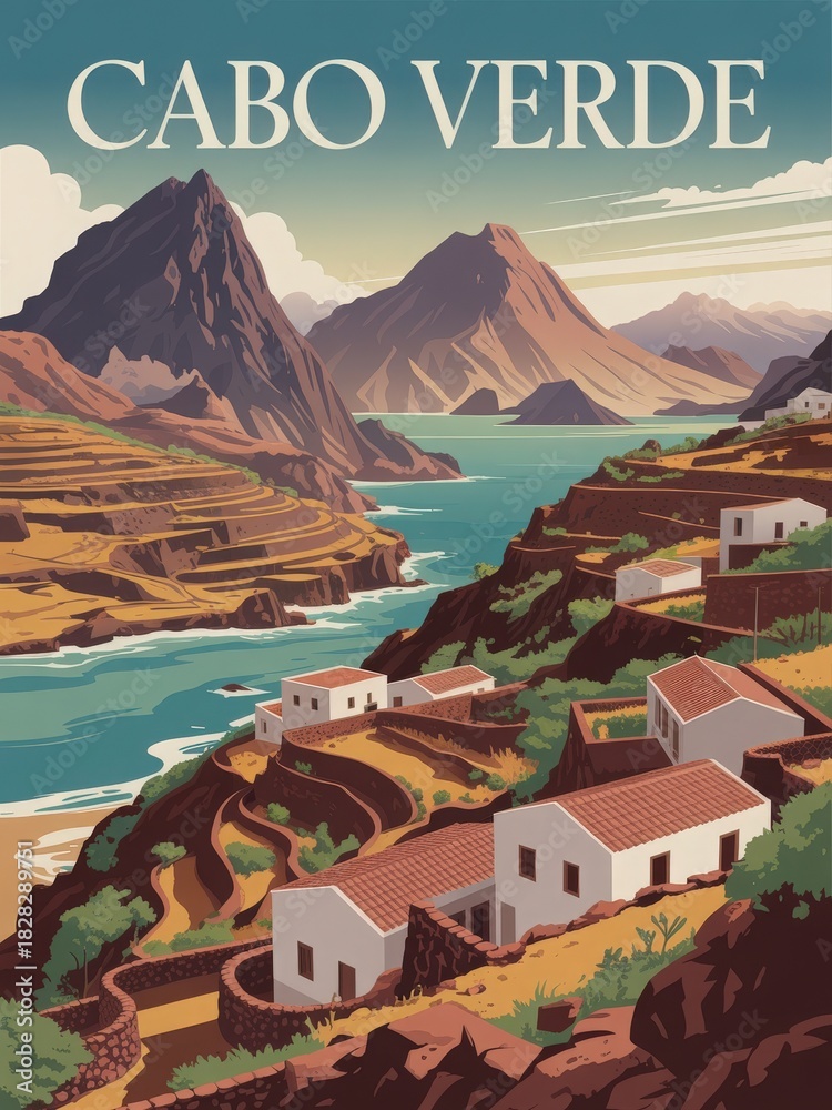 Nestled between mountains and ocean, this vibrant scene captures terraced fields and charming white houses in Cabo Verde. The clear blue water reflects the stunning natural beauty of the landscape.