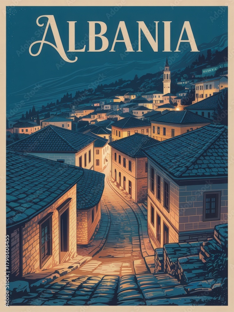 Nestled in the heart of Albania, a charming street winds between stone houses, softly illuminated as night falls. The warm glow highlights the towns unique architecture against a deep blue sky.
