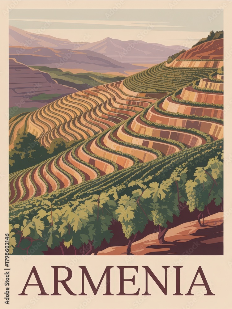 Nestled in the hills of Armenia, terraced vineyards stretch into the distance, displaying neat rows of grapevines. The landscape highlights the beauty and tradition of grape cultivation in this area.