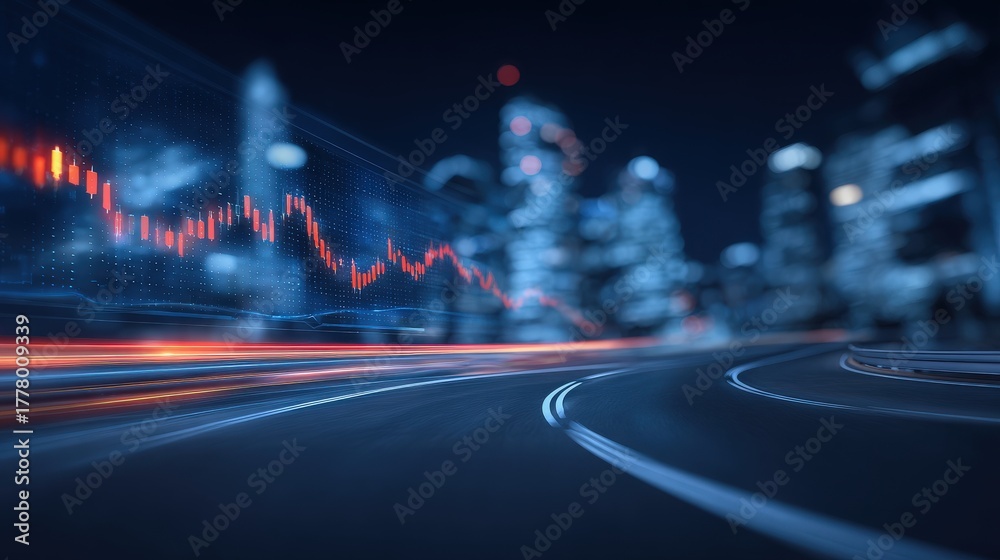 Nighttime city scene features a blurred skyline with illuminated buildings. A digital stock market graph overlays the view, showing fluctuating lines. Light trails from moving vehicles add dynamism.