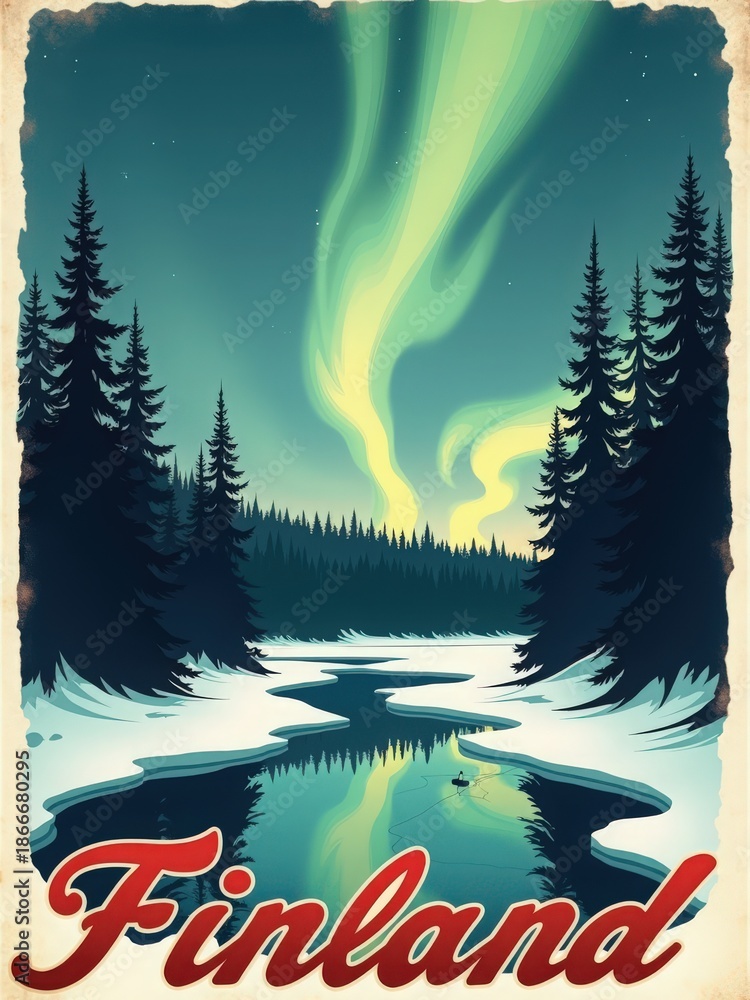 Northern lights glow above a river with ice and snow in Finland. Tall trees surround the scene, creating a natural frame. It is evening, with soft colors in the sky.