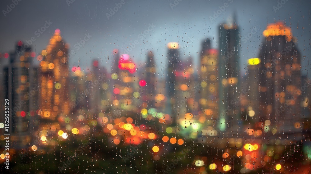 Rain falls on a bustling city skyline during dusk, blurring the view through a wet window. Colorful lights from skyscrapers twinkle amidst the droplets, creating a cozy and vibrant atmosphere.