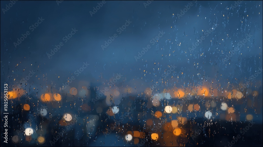 Raindrops cling to a glass window, creating a blurred view of city lights at night. The colorful lights twinkle softly through the rain, giving a cozy feeling to the scene.