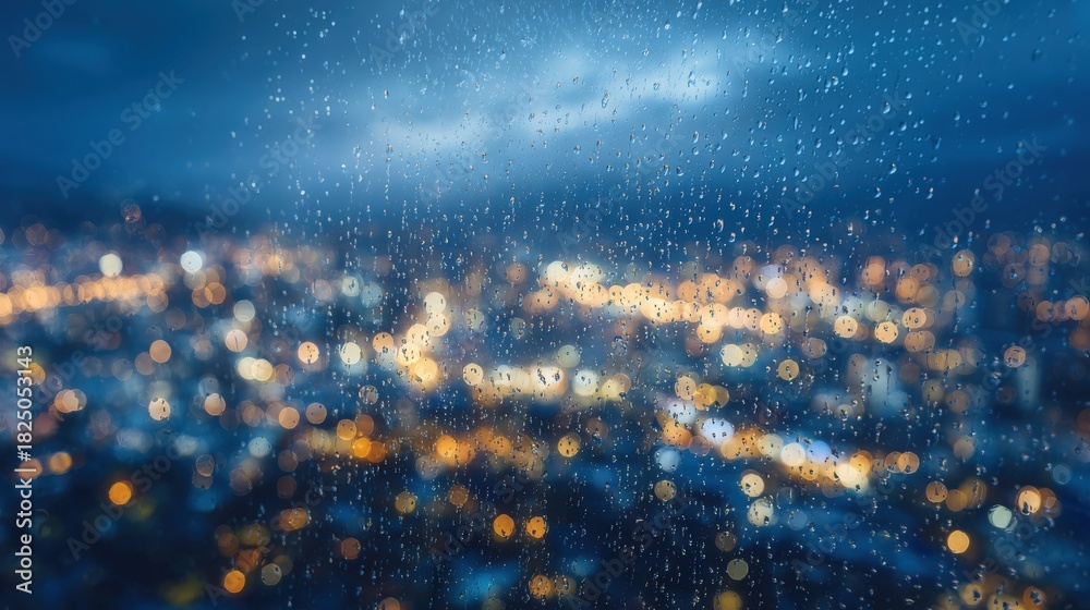 Raindrops cover the window, creating a blurred view of a vibrant city skyline at night. Bright lights twinkle in the background, giving a cozy urban atmosphere marked by the rainy weather.