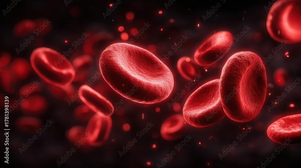 Red blood cells are seen flowing in a dark environment. Their shiny surfaces reflect light, creating a vibrant contrast against the background, illustrating the circulation in the human body.