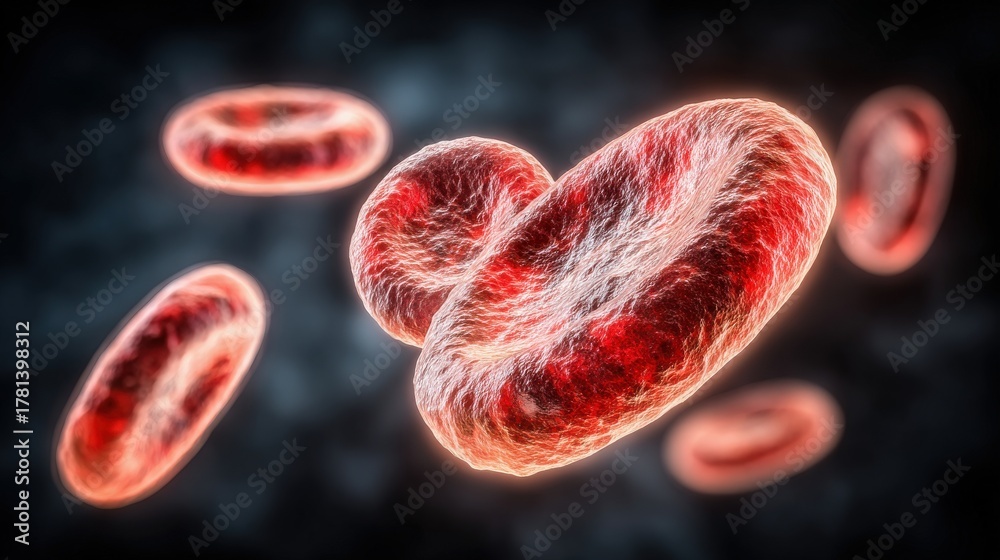 Red blood cells float in a dark environment, showcasing their distinct rounded shapes and textured surfaces.