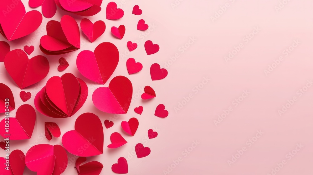 Red hearts in various sizes are scattered artistically on a soft pink background. This design creates a joyful and romantic atmosphere, perfect for celebrations of love and friendship.