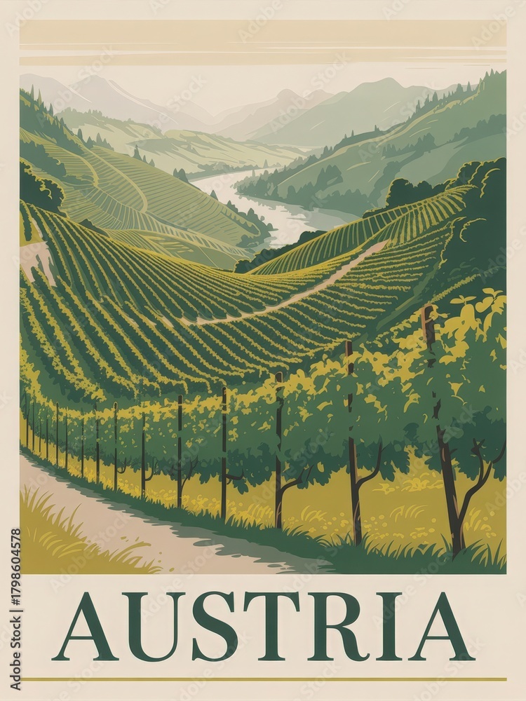 Rolling green hills filled with vineyards stretch across the landscape, showcasing the beauty of Austria. A river winds through the valley, surrounded by mountains under a clear sky.