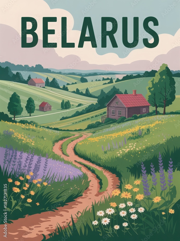 Rolling green hills of Belarus create a peaceful landscape. A winding dirt path leads to a cozy wooden house surrounded by fields of wildflowers and trees. The sky is bright and clear.