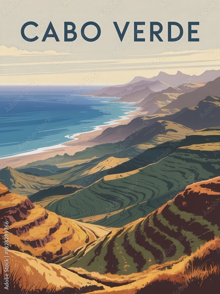 Scenic view of Cabo Verde features lush hillsides and rugged mountains meeting the coastline. The sunset casts warm colors over the landscape, creating a serene atmosphere.