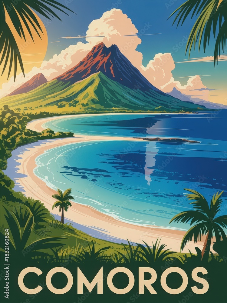 Scenic view of Comoros showcases a stunning volcanic mountain beside a calm beach. Lush greenery surrounds the coastline while soft waves gently lap the shore under vibrant skies.