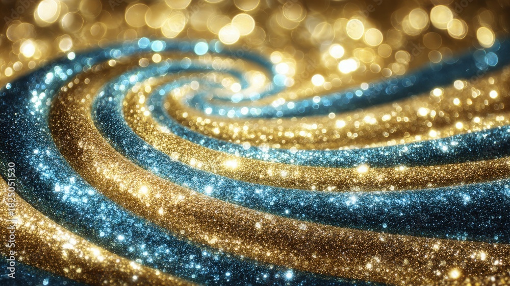 Shimmering lines of blue and gold glitter swirl together, creating an enchanting pattern that catches the light beautifully. The vibrant colors blend smoothly, adding depth to the scene.