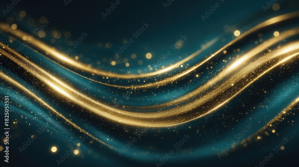 Shiny golden waves glide across a dark teal background, filled with tiny sparkling particles that enhance the elegance and depth of the scene, perfect for artistic and design projects.