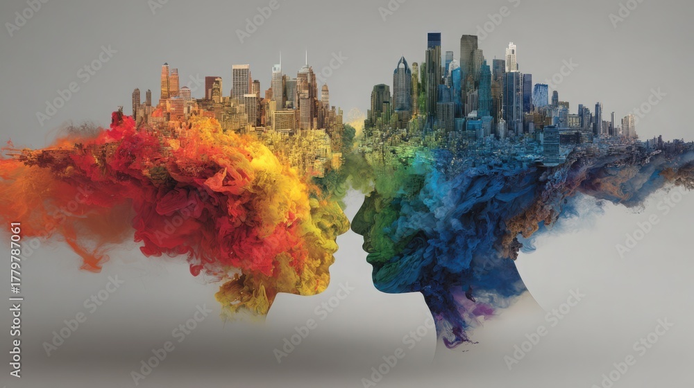 Silhouettes of two faces merge with vibrant cityscapes and colorful clouds. The artwork symbolizes the connection between urban environments and human emotions, creating a striking visual experience.
