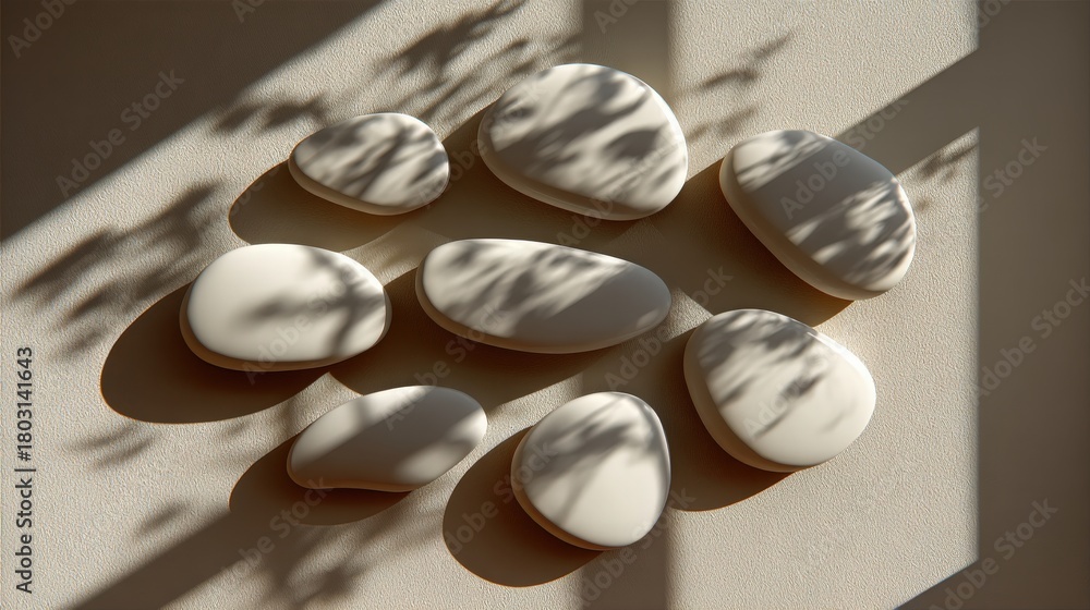 Smooth, rounded stones are thoughtfully placed on a light-colored surface. Shadows from nearby leaves add a calming, natural touch, enhancing the peaceful ambiance of the scene.