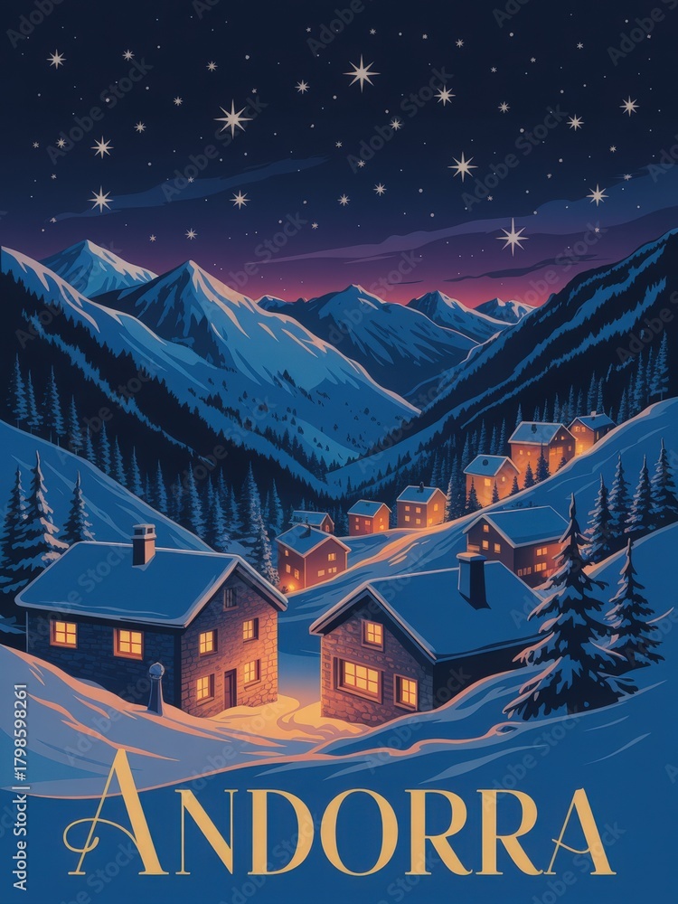 Snow-covered mountains frame a peaceful winter scene in Andorra, where cozy houses glow warmly under a starry night sky. The atmosphere is serene and inviting, showcasing natures beauty.