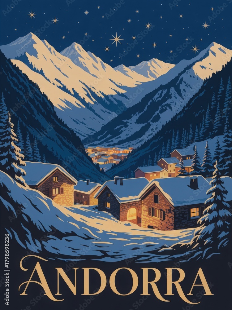 Snow blankets the charming cottages nestled among tall pine trees in Andorras mountainous landscape. The starry night sky adds a magical touch to this winter wonderland.
