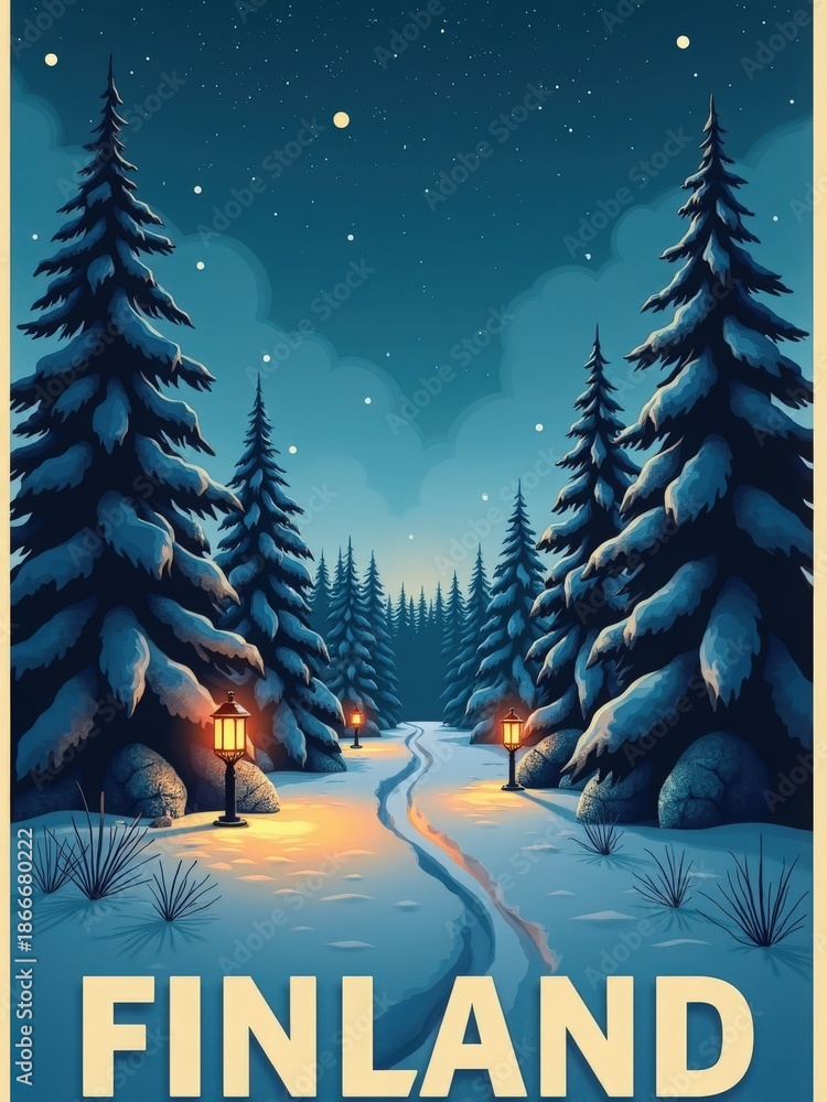 Snow covers tall trees in Finland. Lanterns shine along a path that winds through a wooded area. The sky is dark with stars. The scene shows a quiet, cold winter night in nature.
