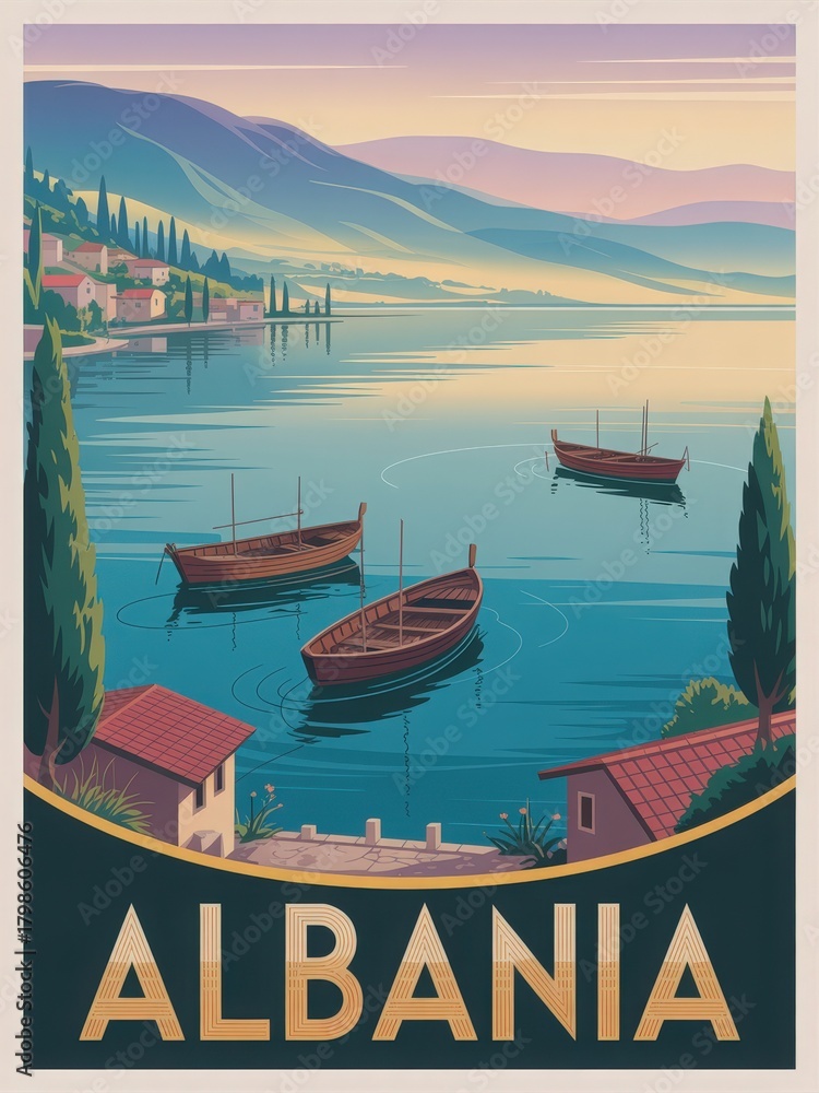 Soft hues paint the sky above Albanias tranquil waters, where wooden boats float gently. Green hills and charming homes create a peaceful backdrop, showcasing the citys natural beauty.