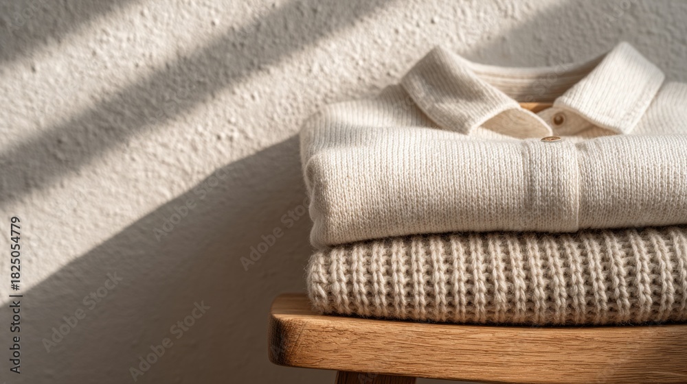 Soft sweaters are neatly folded on a wooden stool, illuminated by soft sunlight. The warm light creates a serene atmosphere, highlighting textural details of the fabric.