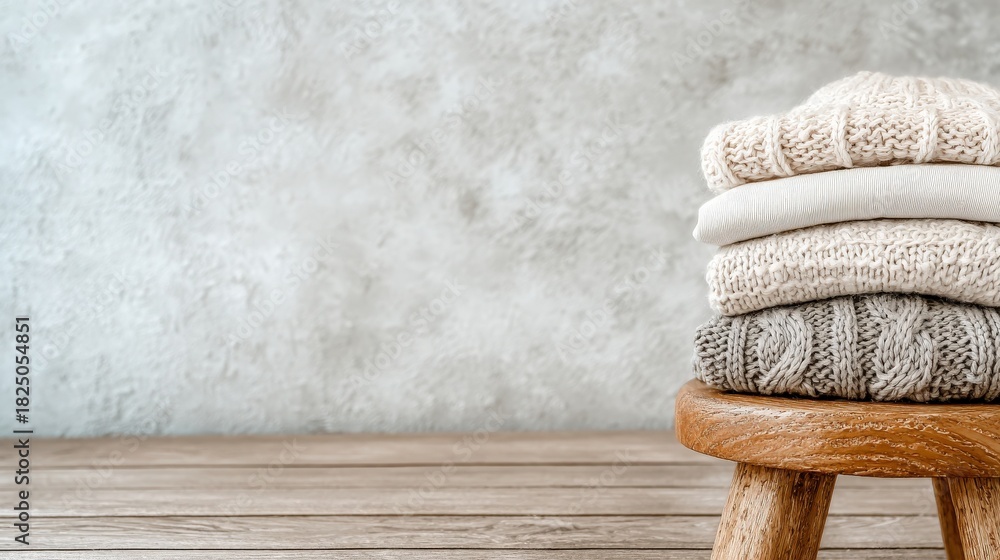 Soft, warm knitwear in neutral tones is stacked on a rustic wooden stool. The backdrop features a textured gray wall and a wooden floor, enhancing the cozy atmosphere.