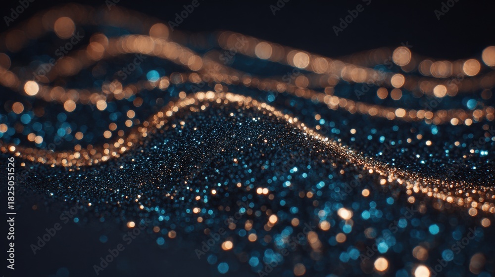 Sparkling blue and gold glitter forms flowing waves that create a stunning visual effect. The scene captures the interplay of light on the shimmering particles, evoking a sense of movement and depth.