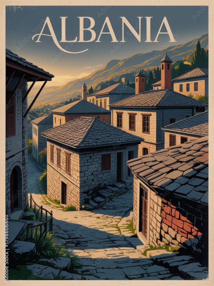 Stone houses line the narrow, winding streets of an Albanian village. Gentle hills rise in the background as golden sunlight casts a warm glow over the scene, creating a peaceful atmosphere.