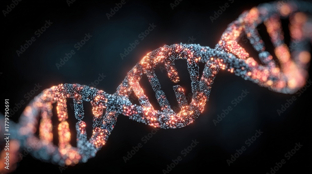 Strands of DNA twist gracefully in a dark setting, illuminated by glowing particles. The vibrant colors highlight the intricate structure and beauty of genetic material.
