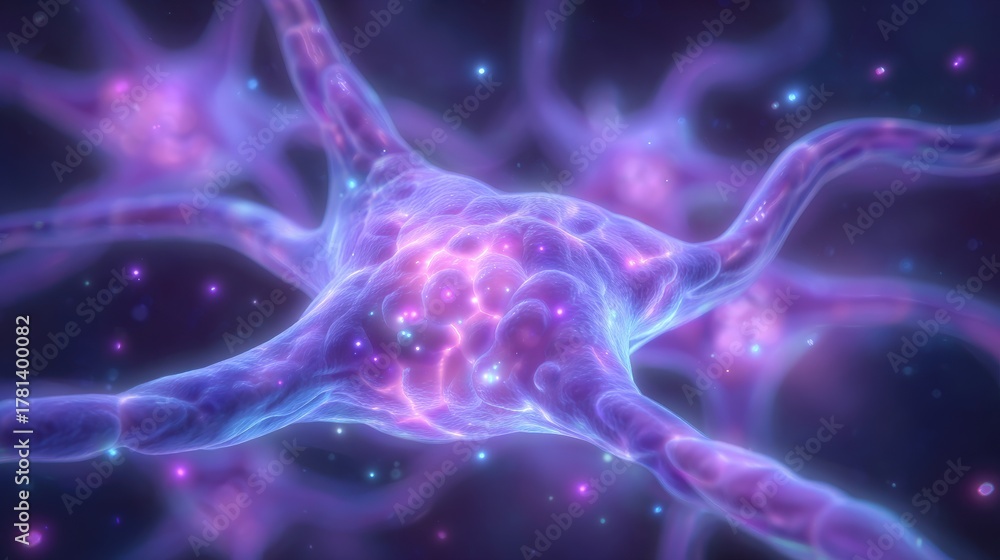 Stunning display of neurons illuminated in purple and blue tones, highlighting their complex shapes and connections. This representation captures the beauty of brain activity at a microscopic level.