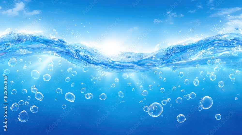 Sunlight filters through a clear body of water, creating a captivating effect. Bubbles rise gently, adding movement and life to the serene underwater scene.