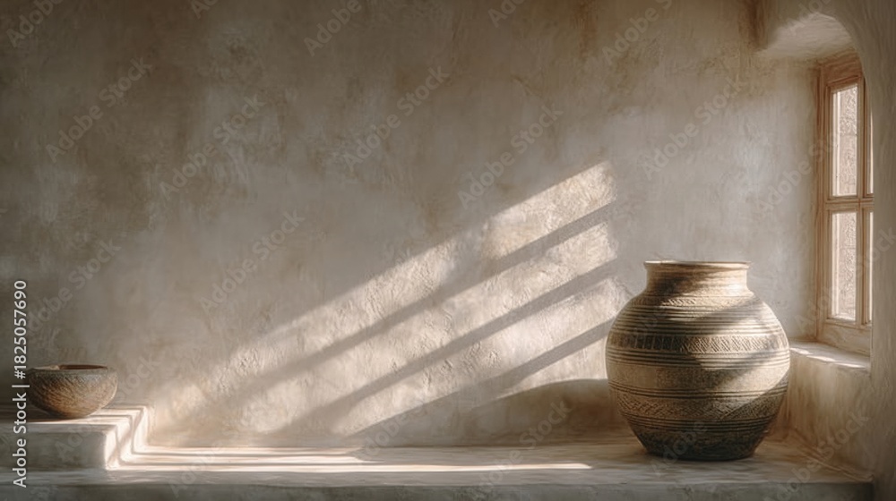 Sunlight streams through the window, casting gentle shadows on the textured wall. Two pottery pieces sit elegantly in a calm, simple space, creating a peaceful atmosphere.