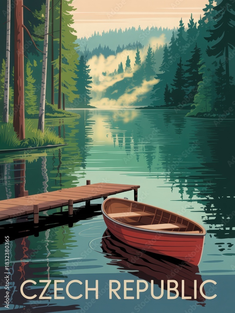 Sunrise over a calm lake in the Czech Republic features a wooden boat floating gently on the water. Lush trees surround the serene setting, reflecting in the peaceful surface.