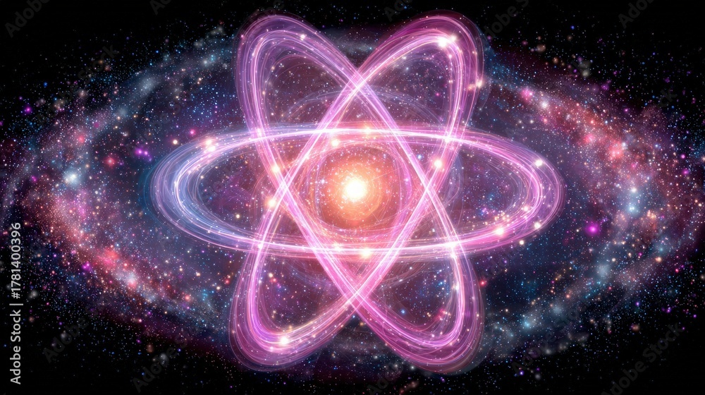Swirling colors and luminous light depict an artistic interpretation of atomic structure set against a cosmic background. This vibrant scene captures the beauty of science and the universe.