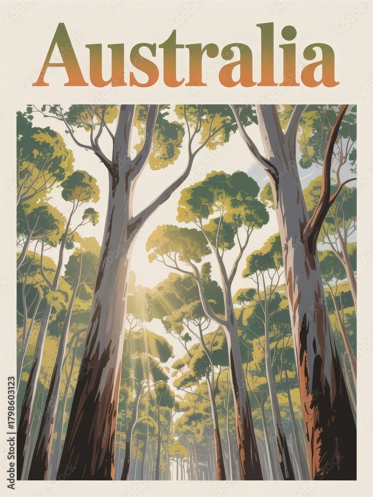 Tall eucalyptus trees dominate a serene forest scene in Australia. Sunlight filters through the canopy, creating a peaceful atmosphere in this natural setting during daylight hours.