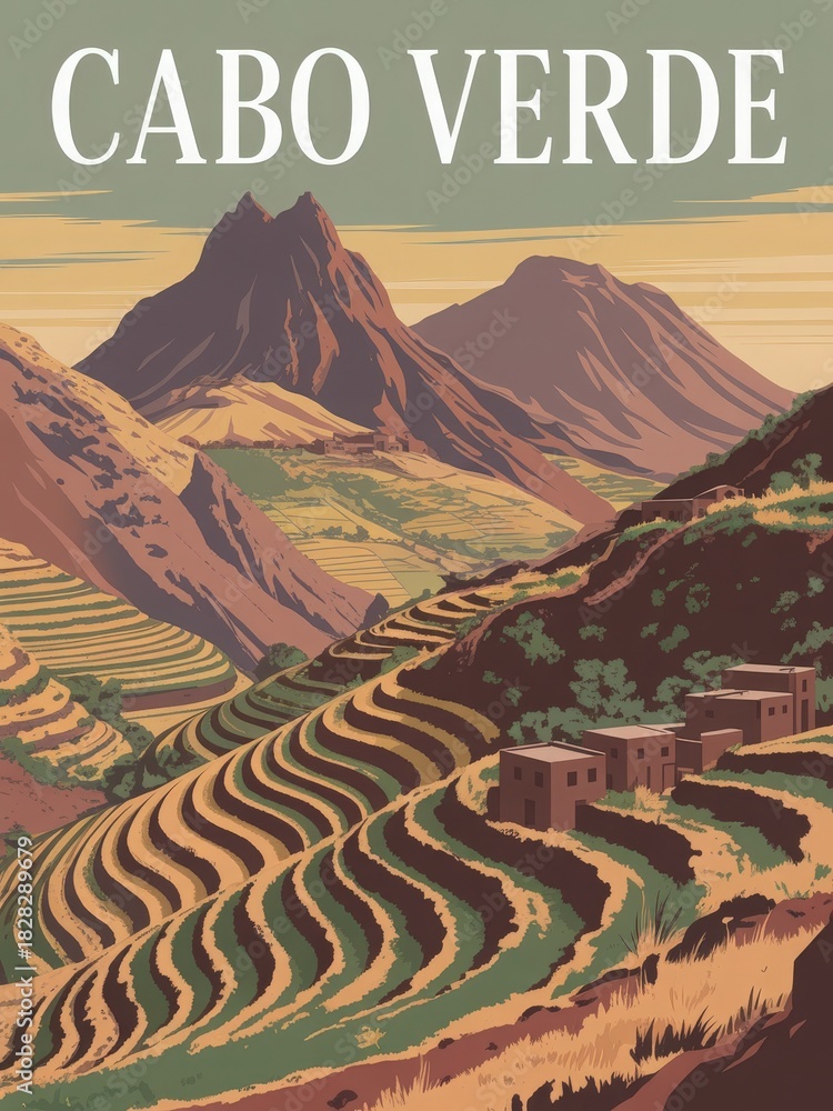 Terraced fields cover the hillside in Cabo Verde, revealing a stunning landscape. Mountains rise majestically in the background, bathed in warm colors as the sun sets over the scene.